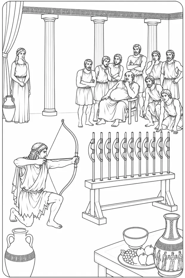 Ilustração: Odisseu atira a flecha através dos doze machados