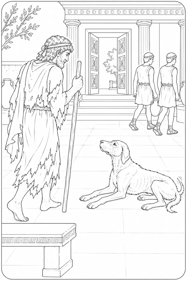 Ilustração: o velho cão Argos reconhece Odisseu disfarçado