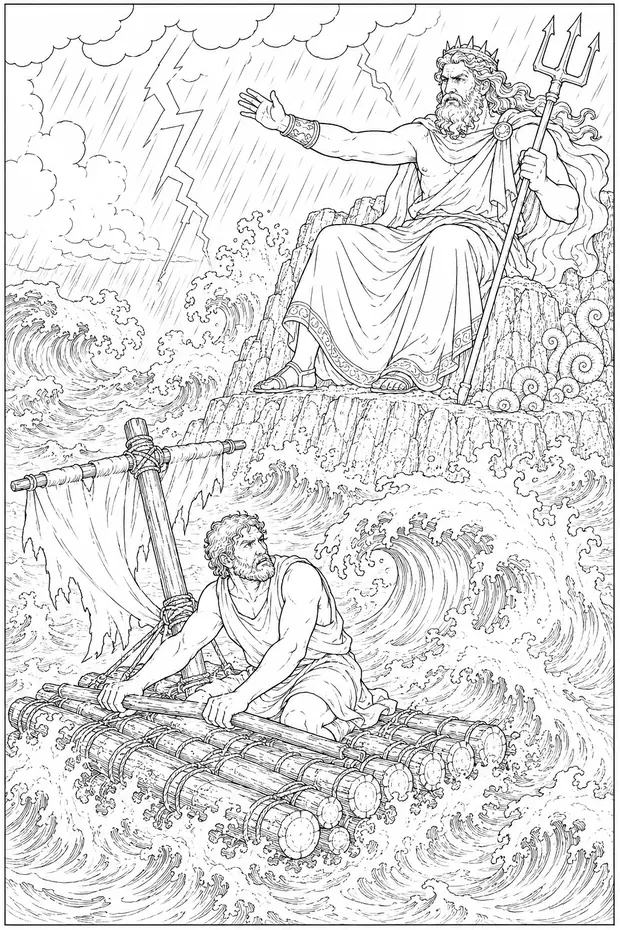 Ilustração: Poseidon desencadeia a tempestade sobre a jangada